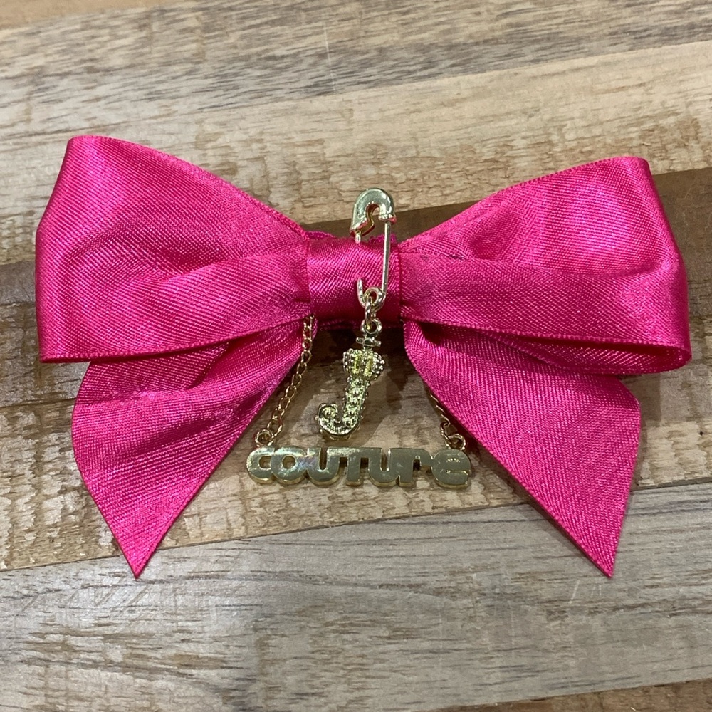 Hot Pink Satin Bow Brooch Pin Gold J Charm